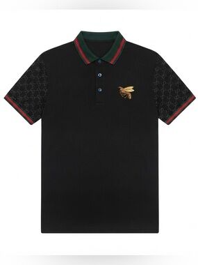 Y2K Black Men Polo Shirt with Green-Red Trim and Embroidered Bee Size XL